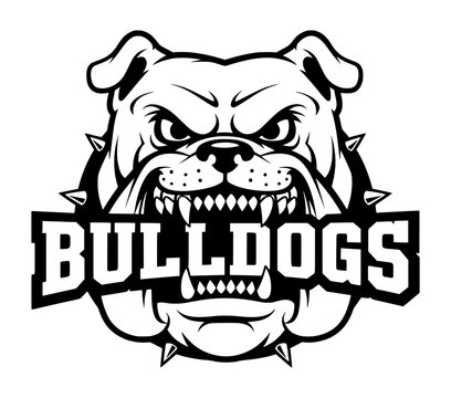 Aggressive Bulldog Head Mascot With Spiked Collar And Bold Bulldogs Text, Powerful Sports Team Logo Design In Black And White Silhouette