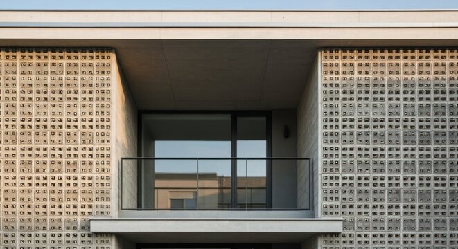 Architectural facade with grid work, balcony, and recessed entrance, clean design