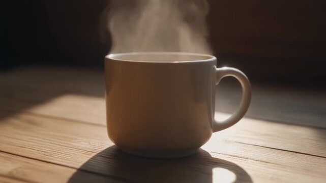 Steaming cup of hot coffee on a sunlit wooden table against a dark background, close up