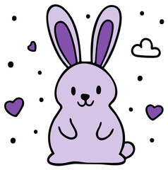 Obraz premium Cute cartoon purple rabbit with large ears surrounded by hearts and dots in a whimsical illustration