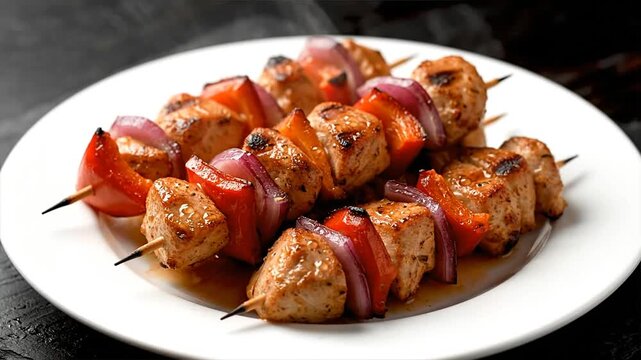 Grilled Meat Skewers with Bacon on White Plate.