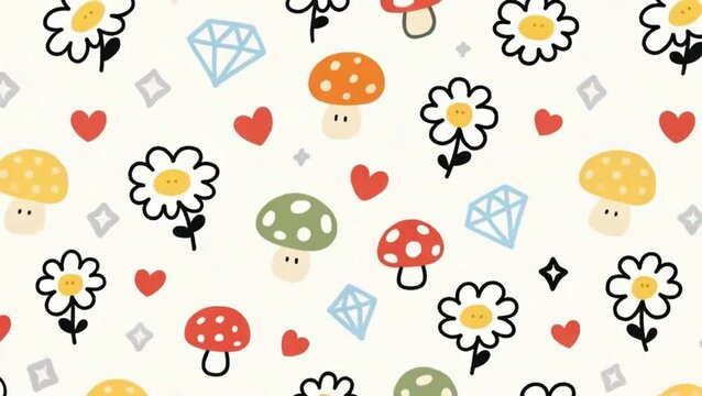 Seamless pattern with flowers, mushrooms, hearts, and jewels in a whimsical design on a motion background