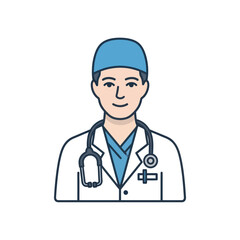 Fototapeta premium Smiling male doctor in scrub cap and lab coat with stethoscope