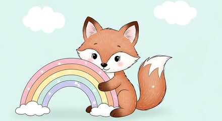 Fototapeta premium Cute cartoon fox with rainbow and clouds.