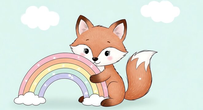 Cute cartoon fox with rainbow and clouds.