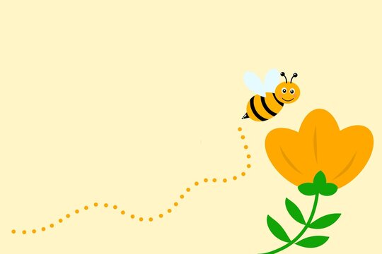 Cute Bee Flying Over Orange Flower. Honeybee and Flower Spring Background. Bee Pollinating Flower Illustration Background