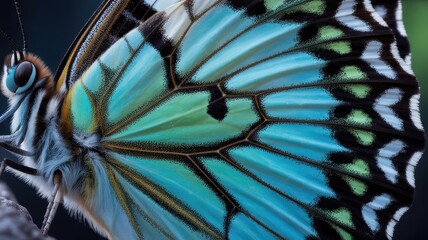 A vibrant close-up captures the intricate patterns and stunning colors of a butterfly wing.