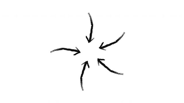 All options one conclusion arrows grunge doodle animation. Converging toward center. Focus unification. Animated hand drawn pointer. Dynamic sketchy rough direction. Distressed ink motion overlay