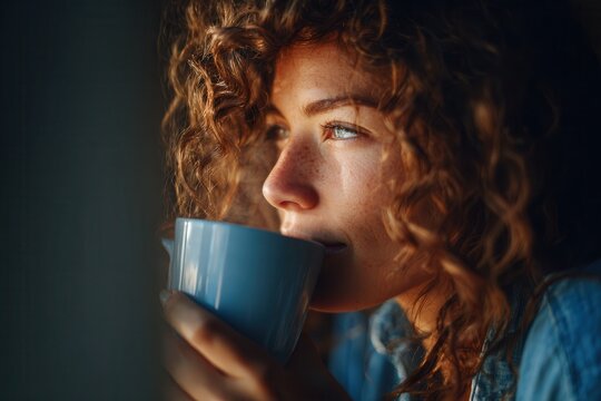 Close-up portrait of a curly-haired woman sipping coffee from a blue mug in warm morning light, looking thoughtfully out a window.