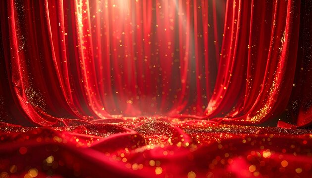 ステージ上の赤い緞帳と舞い散る金色の光 高級感あるカーテンの表彰式背景イラスト