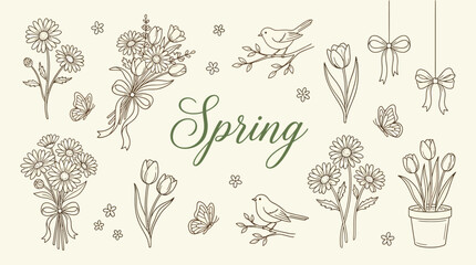 A charming hand-drawn illustration featuring various spring elements like flowers, birds, butterflies, and bows, with the word "Spring" elegantly scripted in the center.