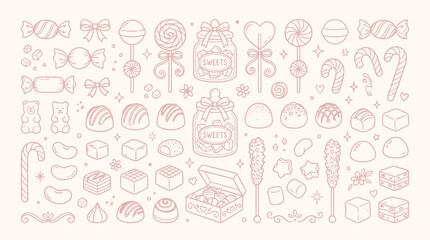 Naklejka premium A charming collection of hand-drawn confectionery and sweets, featuring an assortment of candies, chocolates, lollipops, and gummy bears in a delightful pink outline style.