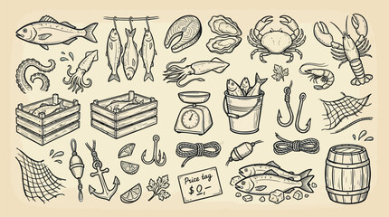 A charming hand-drawn illustration depicting a bountiful collection of fresh seafood and fishing-related items, presented in a vintage style. © KN collection