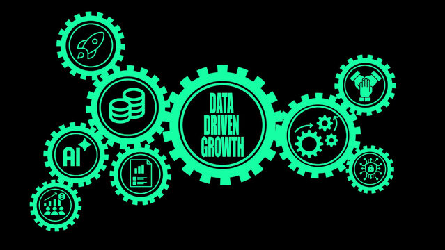 Interconnected teal gears with representing data driven growth AI rocket coins document and teamwork on a black background symbolizing business progress and