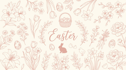 Elegant hand-drawn Easter and spring floral pattern with bunnies, eggs, and baskets on a light background. © KN collection