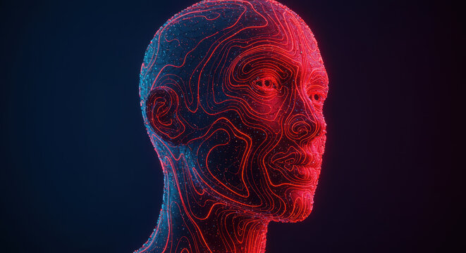 Abstract 3D human head with glowing red topographic lines