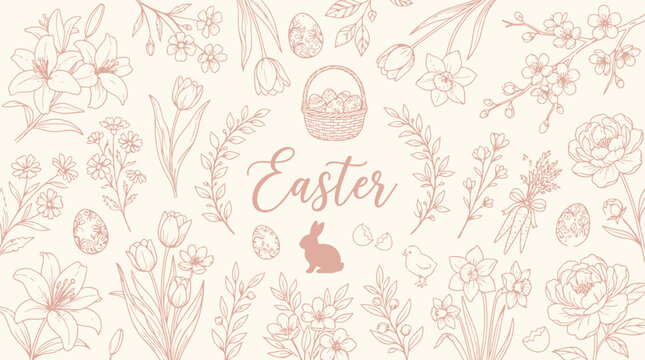 Elegant hand-drawn Easter and spring floral pattern with bunnies, eggs, and baskets on a light background.