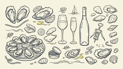 A detailed illustration of a luxurious seafood spread featuring oysters, caviar, wine, and accompaniments, presented in a vintage sketch style. © KN collection