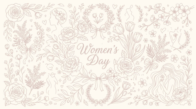 Elegant floral illustration celebrating International Women's Day with delicate line art and feminine motifs.