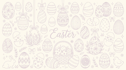 A charming collection of intricately drawn Easter eggs, bunnies, chicks, and floral elements, presented in a soft, pastel color palette, evoking a festive and whimsical spring celebration. © KN collection