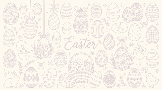 A charming collection of intricately drawn Easter eggs, bunnies, chicks, and floral elements, presented in a soft, pastel color palette, evoking a festive and whimsical spring celebration.