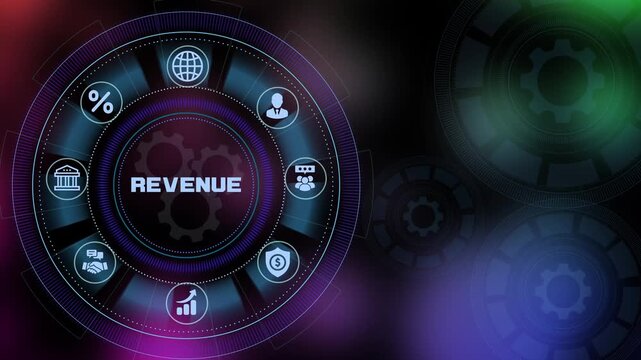Revenue growth and financial performance concept with digital analytics dashboard and business intelligence icons.