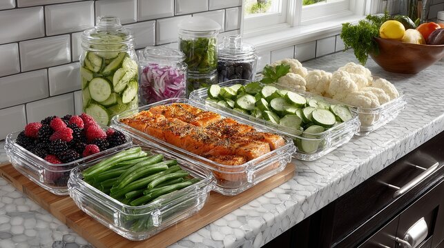 Fresh meal prep with baked salmon, berries, and assorted vegetables in glass containers on a bright kitchen countertop.