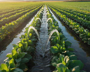 Fototapeta premium Lush green crops being irrigated in a modern agricultural field