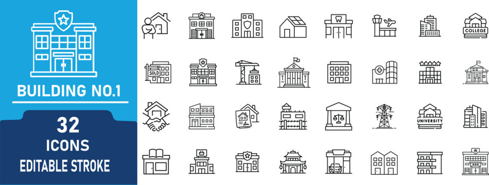 Building Line Art Icon Set..Contains to related icons City Infrastructure, Public and Business Facilities,hospital, school, university,and more. Editable Stroke Vector Illustration