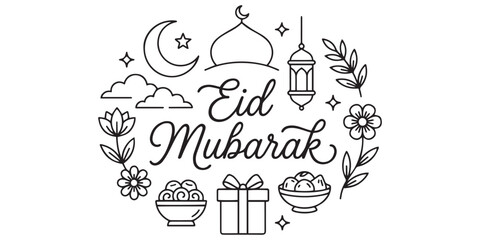 Eid Mubarak Line Art Greeting Illustration with Islamic Symbols. © Noor