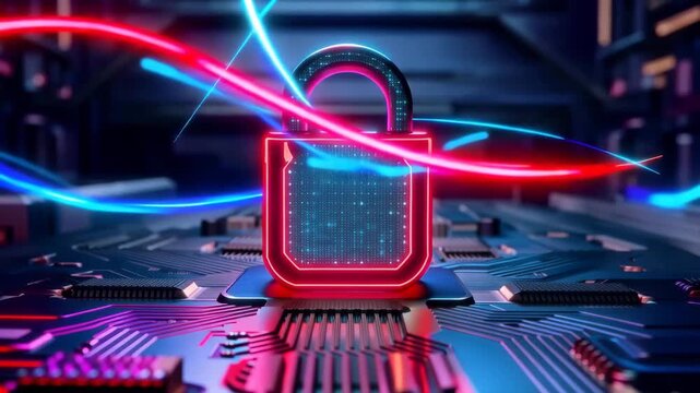 Neon-lit padlock on circuit board with glowing lines