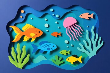 Fototapeta premium Vibrant 3D papercut underwater scene with colorful fish, jellyfish, and coral