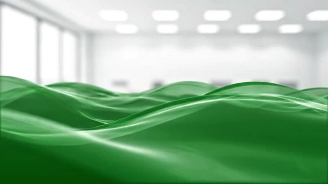 Green fabric waves in a bright, modern office space with large windows and a sleek ceiling
