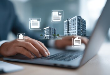 Obraz premium Hands on laptop, hovering building models and documents, digital interface