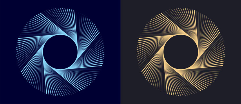 Abstract neon radial aperture and spiral iris pattern in blue and gold. Futuristic geometric sunburst for technology, photography, and digital art backgrounds.