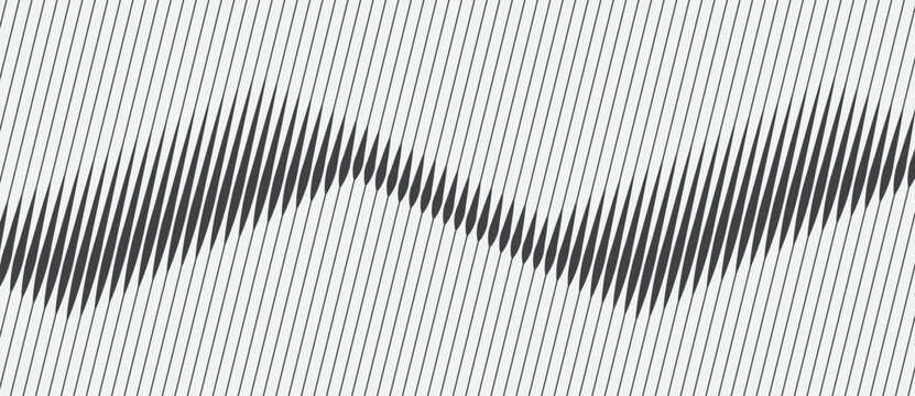 Abstract monochrome wavy pattern of slanted lines on a light pinstripe background. Minimalist diagonal zigzag wave for digital technology, audio frequency, and data visualization.