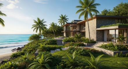 Fototapeta premium Modern tropical stone villa with ocean view and lush garden