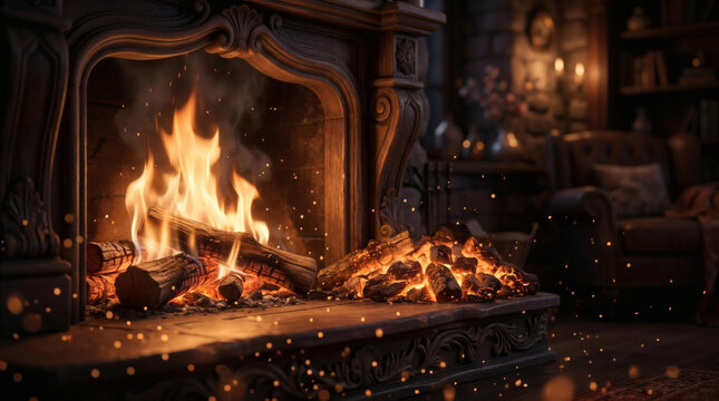 Fantasy Fireplace with Magical Runes and Burning Embers