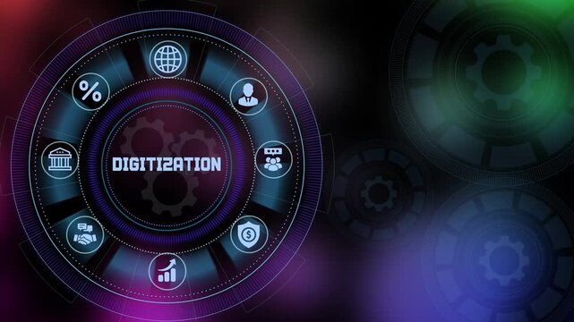 Digitization concept with futuristic digital dashboard interface, automation icons and enterprise technology network.