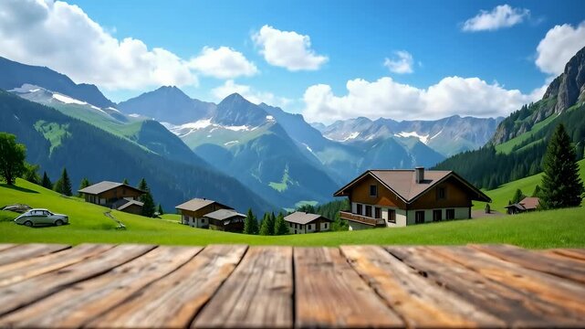 Wood table top podium for product display, a blurred mountain nature landscape background for a mockup, 4k time-lapse video.
