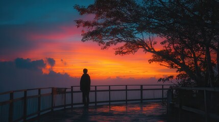 Fototapeta premium Silhouette of a person on a scenic lookout deck watching a vibrant colorful sunset above clouds framed by tree branches.