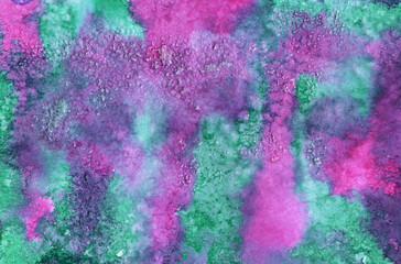 Scanned handmade watercolor painting with blended pink, purple and green pigments, organic abstract texture background for creative design projects.