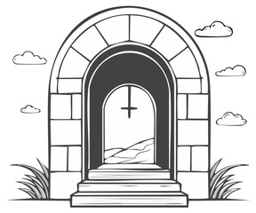 Fototapeta premium Stone Archway Entrance with Distant Landscape View, Arched Doorway into Hills, Black and White Sketch