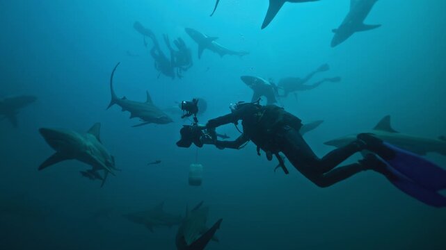 Professional scuba diver taking pictures of sharks surrounding him deep underwater. Many oceanic blacktip sharks feeding. Safari with dangerous predators. Amazing wildlife nature, marine life.