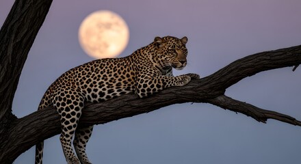 Obraz premium Leopard resting on tree branch with full moon in the background at dusk