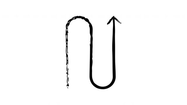 Smoothly bent arrow with U-turn shape grunge doodle animation. Redirection icon. Sharp curved path. Animated hand drawn pointer. Dynamic sketchy rough direction. Distressed ink motion overlay