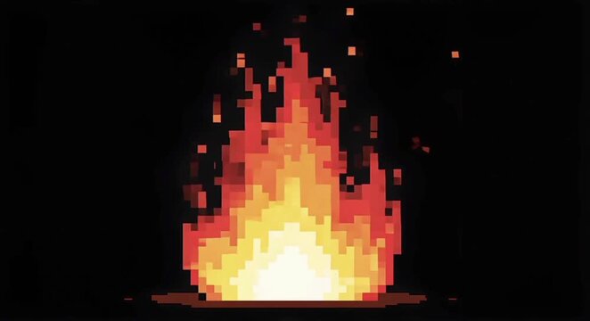 Retro 8-Bit Pixel Art Style Burning Campfire Isolated on Black