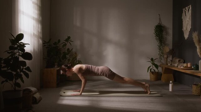 Wide timelapse of young Caucasian girl entering exercise room, rolling out mat, performing sun salutation sequence with upward and downward dog asanas, lying in shavasana, getting up and leaving