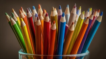 Fototapeta premium A glass jar filled with a variety of colorful pencils with sharpened tips