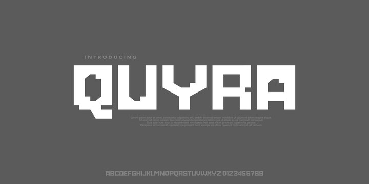 Quyra Fonts, A bold pixel display font with geometric shapes, perfect for creative, gaming, and digital projects.vector design